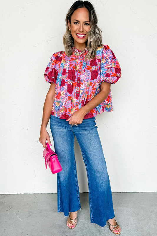 PREORDER: Pink Floral Print Bubble Sleeve Button Up Pleated Shirt (Ships 2-4 weeks)