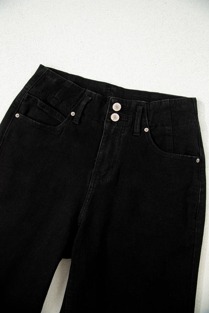 PREORDER: Black 2-Button High Waist Flared Bottom Jeans (Ships in 21-28 Business Days)
