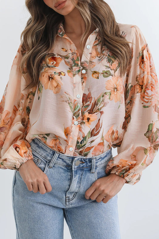 PREORDER: Orange Floral Puff Sleeve Lightweight Shirt (Ships 2-4 Weeks)