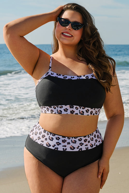 PREORDER: Plus Size Black 2pcs Leopard Patchwork High Waisted Swimsuit (Ships 2-5 weeks)