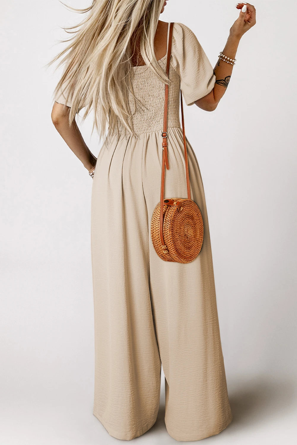 PREORDER: Apricot Short Bubble Sleeve Smocked Wide Leg Jumpsuit (Ships 21-28 Business Days)