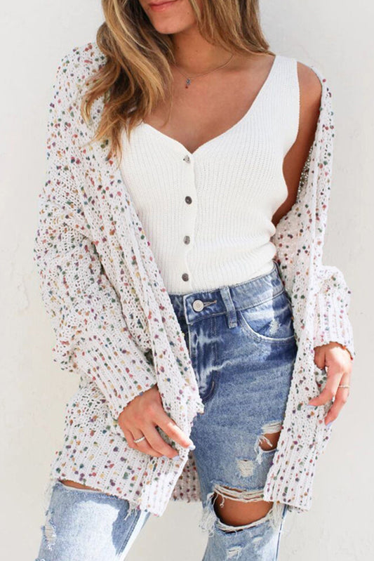 PREORDER: White Confetti Rib Knit Long Sleeve Cardigan (Ships 2-4 Weeks)