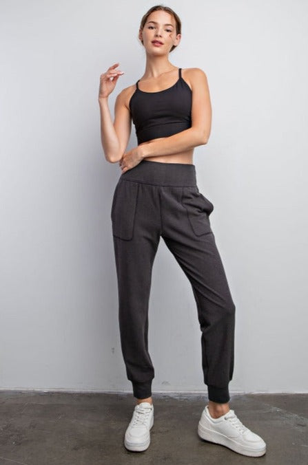 Rib Brushed Full Length Jogger Pant in Dark Grey