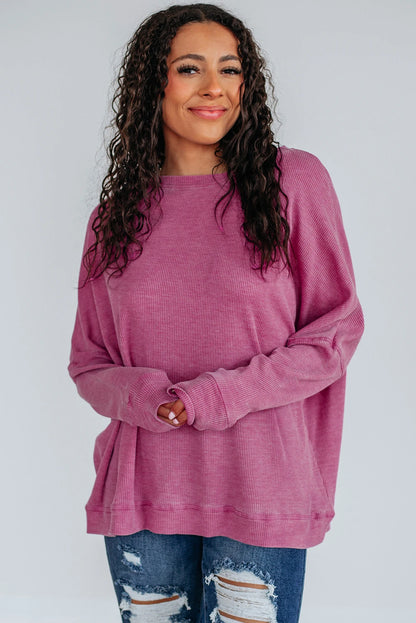 PREORDER: Bright Pink Waffle Knit Patchwork Long Sleeve Loose Top (Ships 21-28 Business Days)