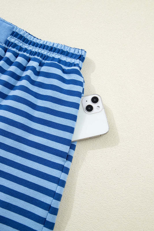 PREORDER: Blue Stripe Drop Shoulder Long Sleeve Pullover Elastic Waist Casual Short Set (Ships 21-28 Business Days)