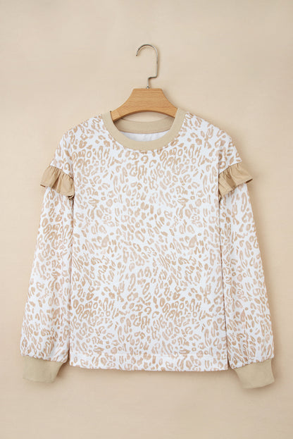 PREORDER: Khaki Leopard Ruffle Detail Sweatshirt (Ships 3-4 Weeks)