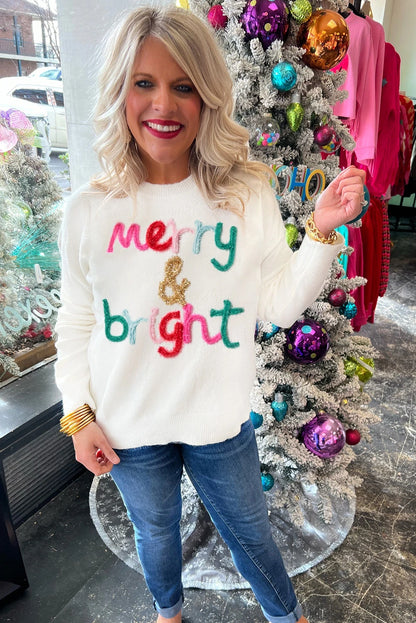 PREORDER: White Merry & Bright Round Neck Casual Sweater (Ships 21-28 Business Days)