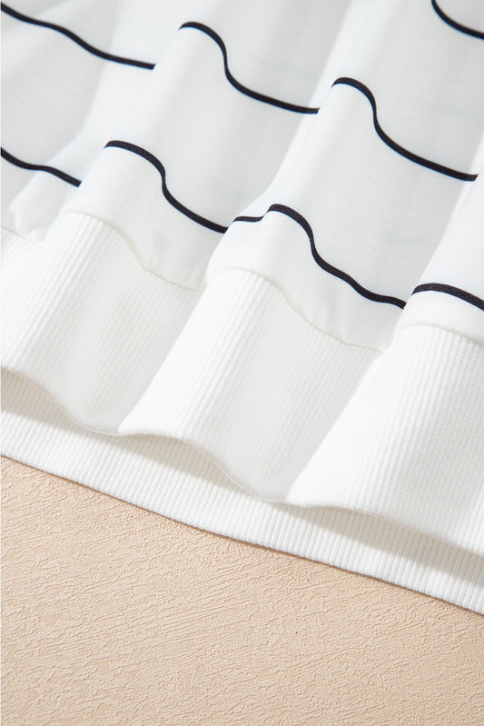 PREORDER: White Zip V Neck Casual Stripe Print Drop Shoulder Long Sleeve Top (Ships 21-28 Business Days)