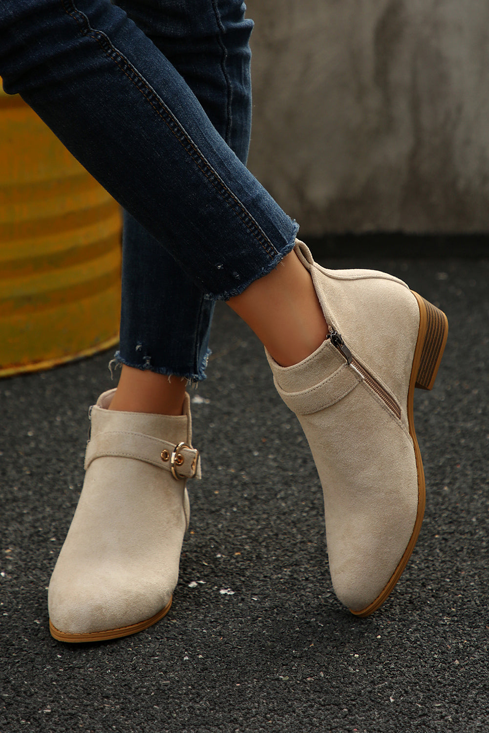 PREORDER: Beige Classic Buckle Strap Chunky Heel Suede Boots (Ships 3-4 Weeks)