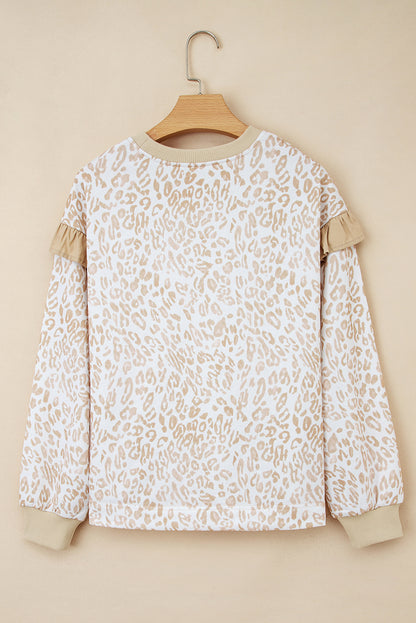 PREORDER: Khaki Leopard Ruffle Detail Sweatshirt (Ships 3-4 Weeks)