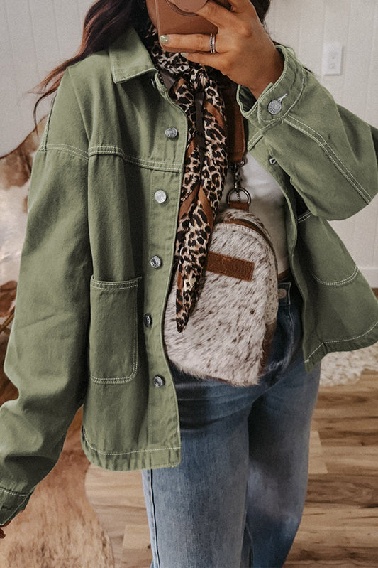 PREORDER: Green Patched Pocket Boyfriend Denim Jacket (Ships 3-4 Weeks)