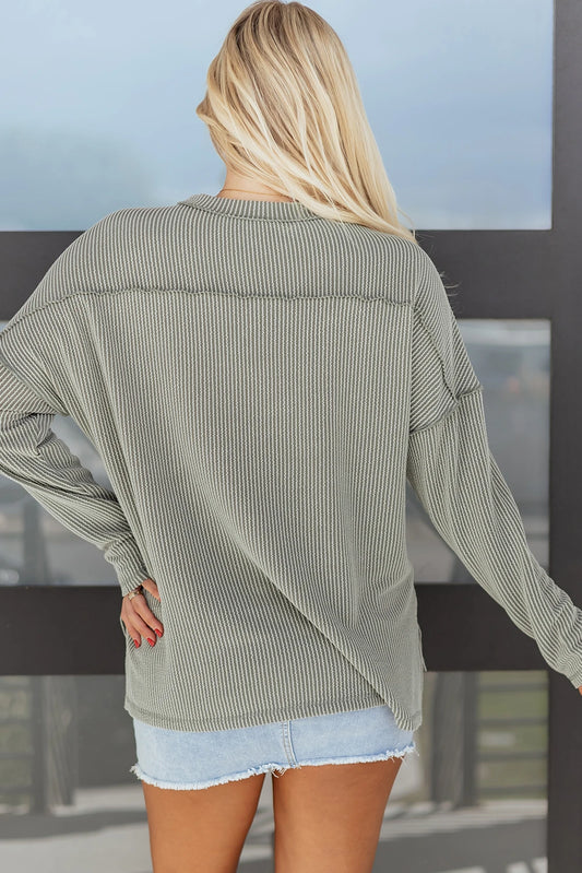 Bay Green Twist Ribbed Exposed Seam Detail Long Sleeve Loose Top
