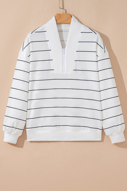 PREORDER: White Zip V Neck Casual Stripe Print Drop Shoulder Long Sleeve Top (Ships 21-28 Business Days)