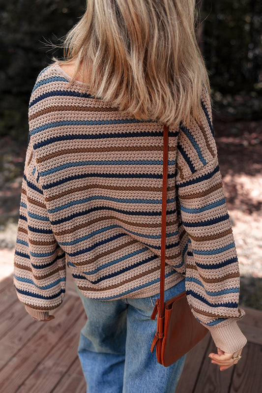 PREORDER: Striped Knitted Drop Shoulder Round Neck Sweater (Ships 21-28 Business Days)