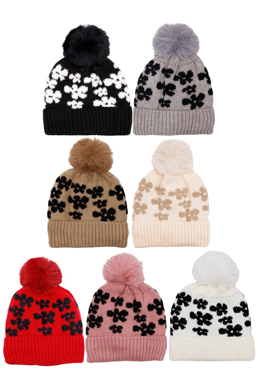 Daisy Floral Cable Knitted Fleece Lined Beanie