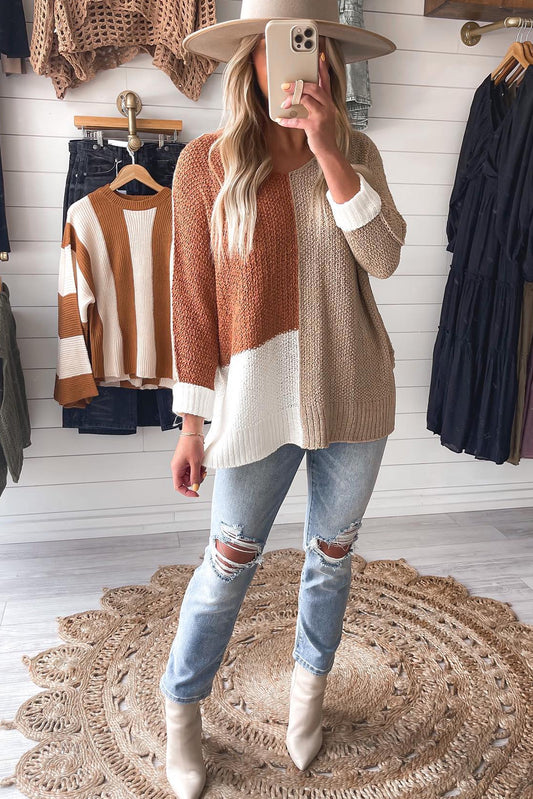 PREORDER: Chestnut Color Block Knit V Neck Loose Sweater (Ships 3-4 Weeks)