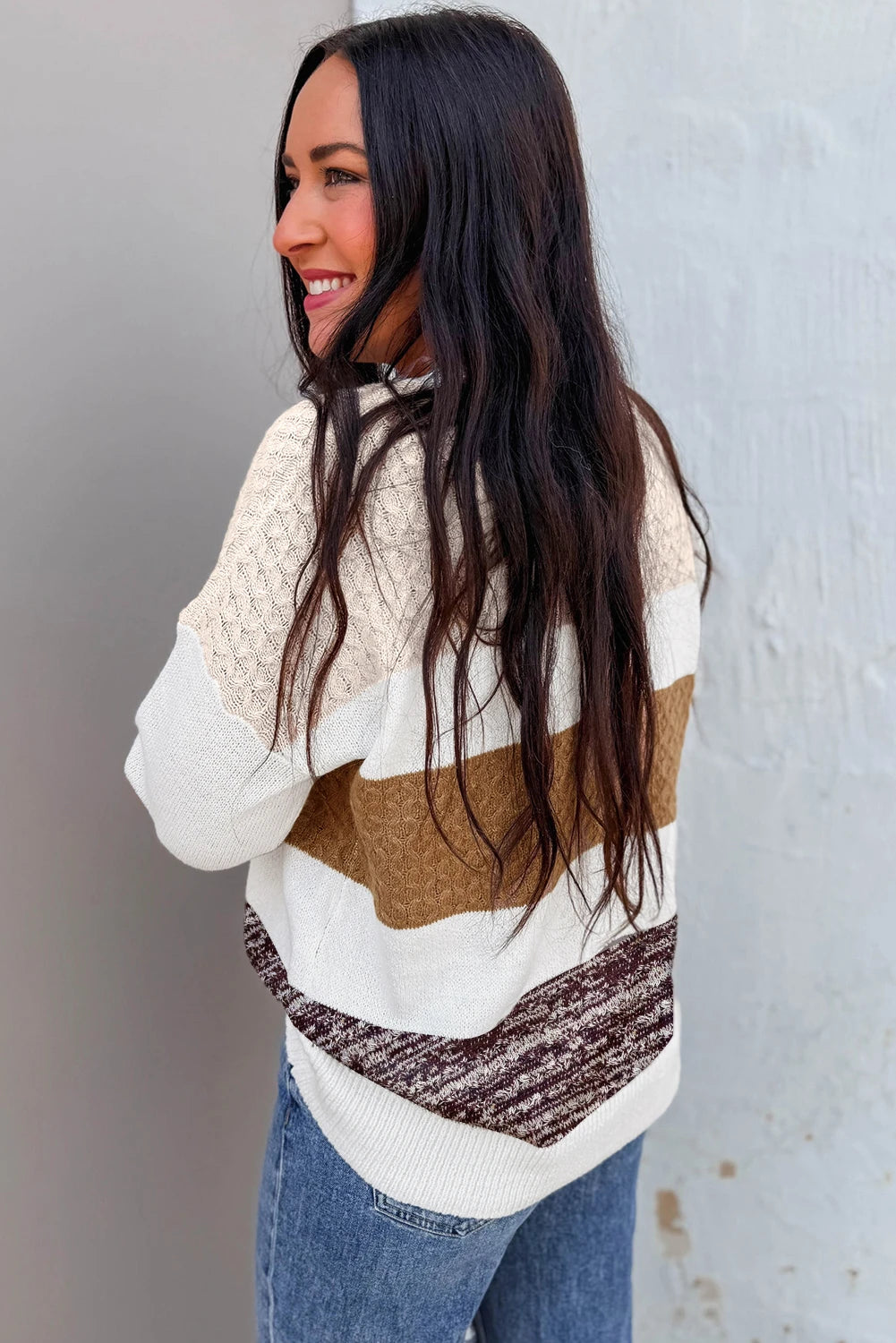 PREORDER: Brown Mixed Texture Knit Striped Color Block Loose Sweater (Ships 21-28 Business Days)
