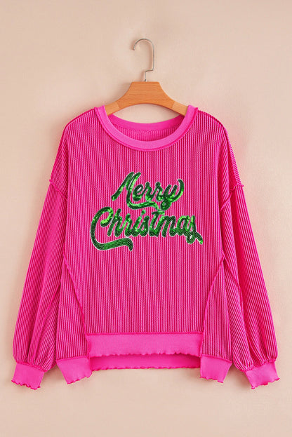 PREORDER: Strawberry Pink Ribbed Texture Merry Christmas Sequin Letter Graphic Top (Ships 21-28 Business Days)