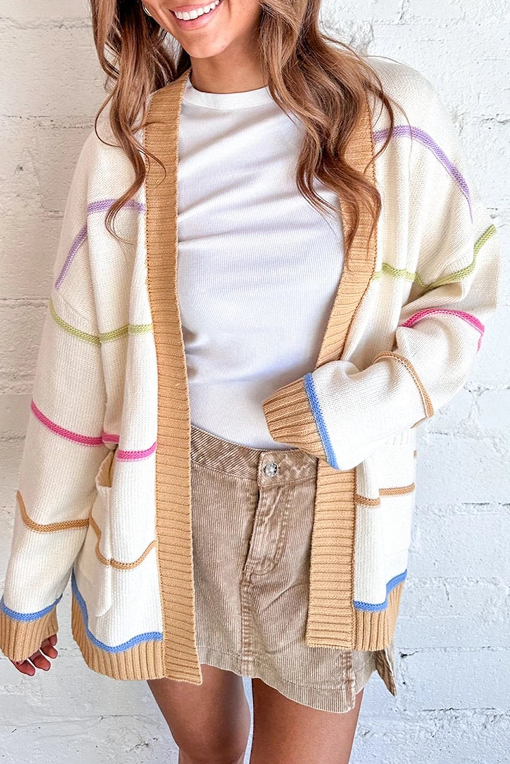 PREORDER: White Color Block Striped Open Front Cardigan With Pocket (Ships 21-28 Business Days)