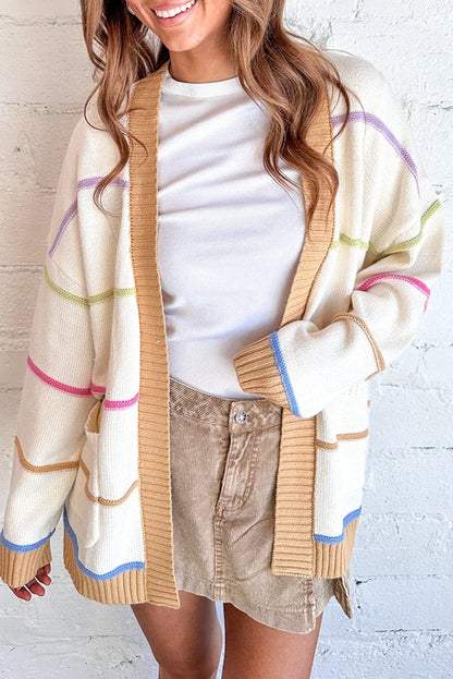 PREORDER: White Color Block Striped Open Front Cardigan With Pocket (Ships 21-28 Business Days)