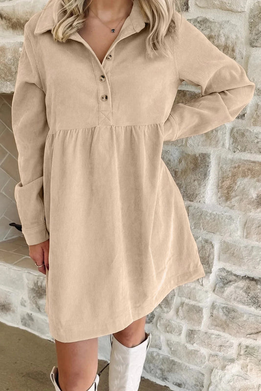 PREORDER: Oatmeal Corduroy Half Button Collared Long Sleeve Mini Dress (Ships 21-28 Business Days)