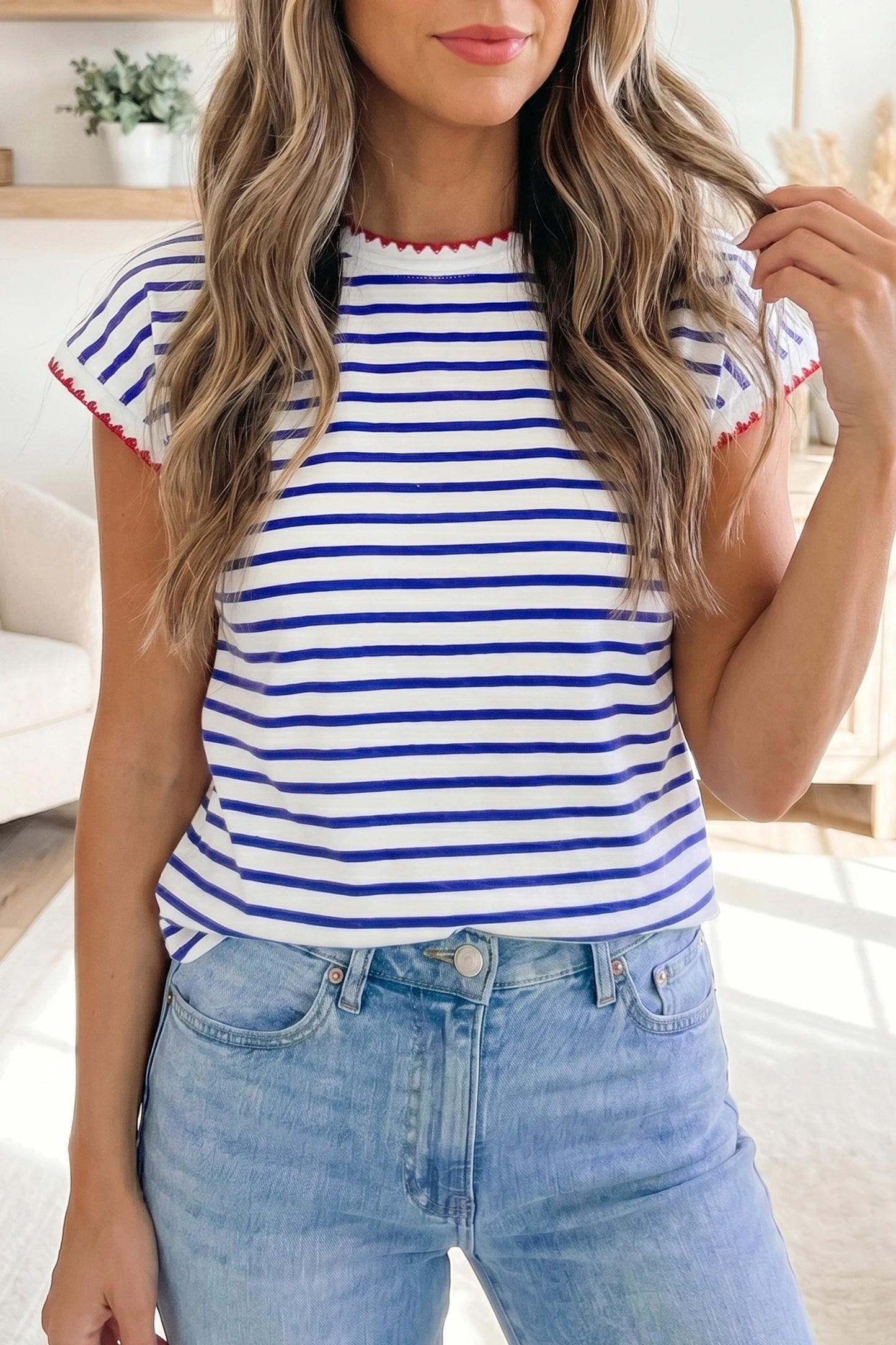 PREORDER: Blue Stripe Contrast Trim Round Neck Cap Sleeve Tee (Ships 21-28 Business Days)