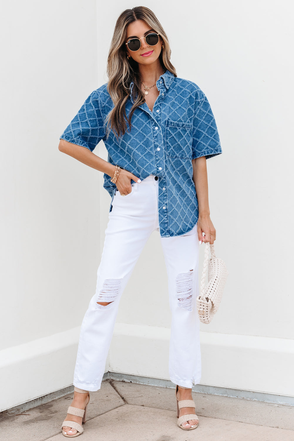 PREORDER: Dusk Blue Checkered Textured Short Sleeve Patched Pocket Denim Shirt (Ships 2-4 weeks)