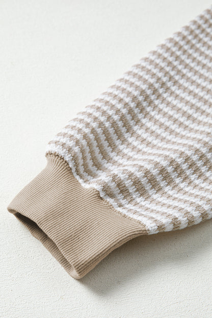 PREORDER: Brown Stripe Ribbed Trim Drop Shoulder Long Sleeve Oversize Top (Ships 3-4 Weeks)