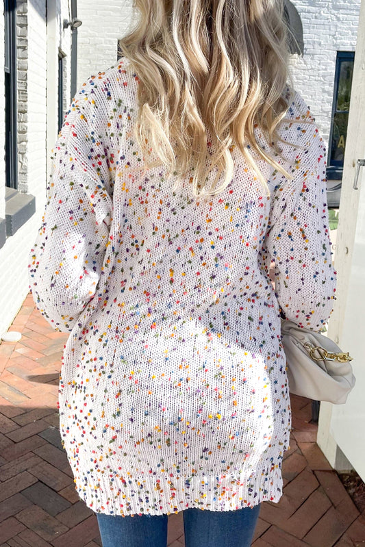 PREORDER: White Confetti Rib Knit Long Sleeve Cardigan (Ships 2-4 Weeks)