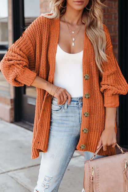PREORDER: Button Front V Neck Chunky Cardigan Sweater (Ships 3-4 Weeks)