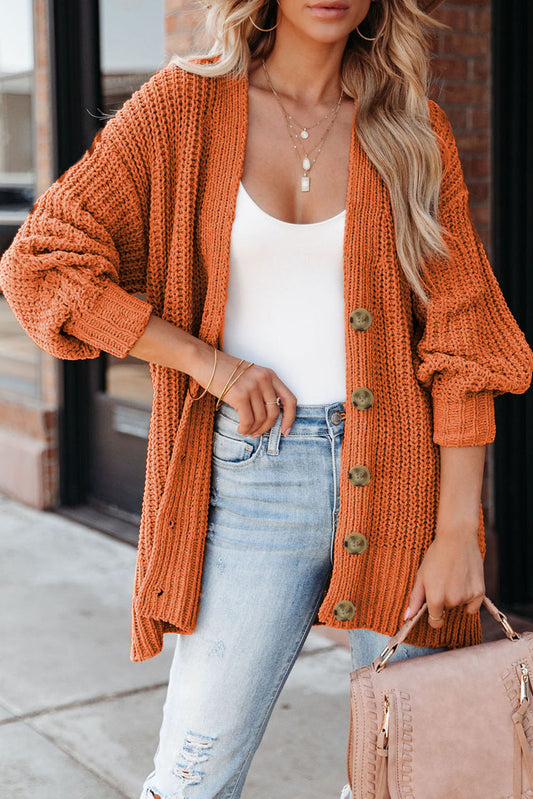 PREORDER: Button Front V Neck Chunky Cardigan Sweater (Ships 3-4 Weeks)