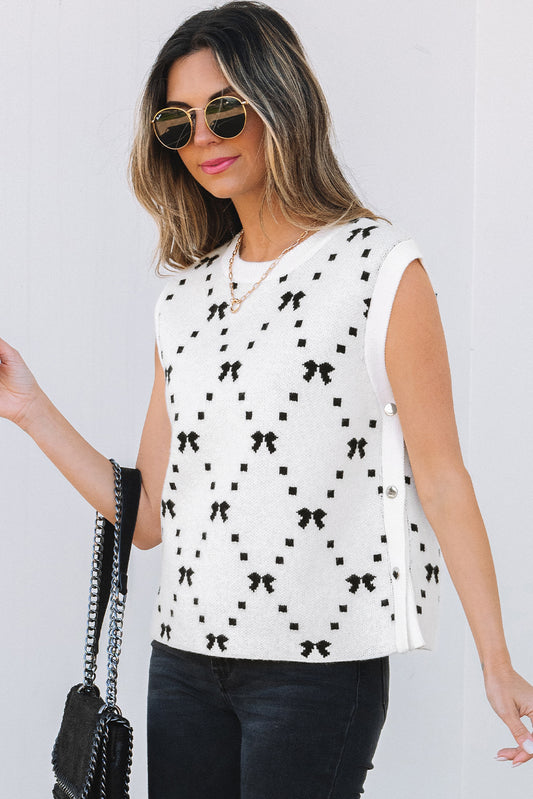 PREORDER: White Bow Pattern Buttoned Side Cropped Sweater Vest (Ships 2-4 weeks)