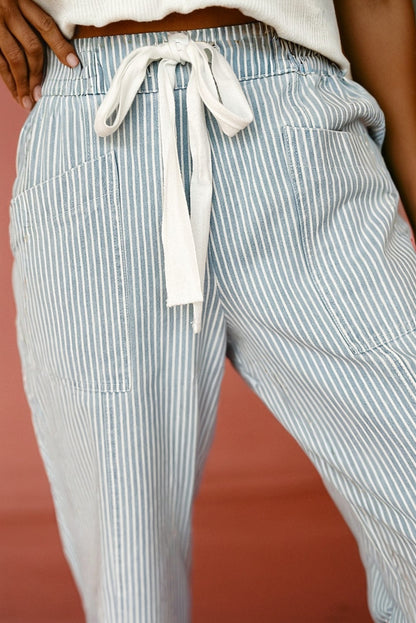 PREORDER: Sky Blue Stripe Mid Rise Drawstring Waist Jeans (Ships in 3-4 weeks)