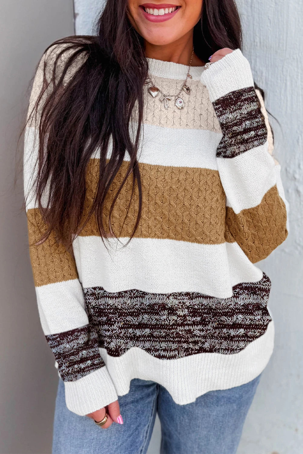 PREORDER: Brown Mixed Texture Knit Striped Color Block Loose Sweater (Ships 21-28 Business Days)