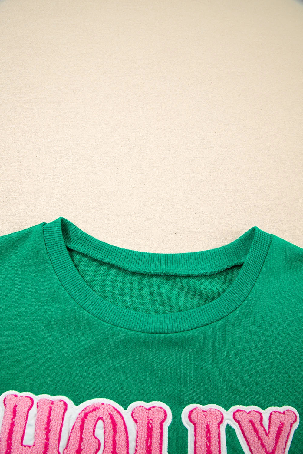 PREORDER: Sea Green HOLLY JOLLY Towel Embroidered Christmas Holiday Sweatshirt (Ships 21-28 Business Days)