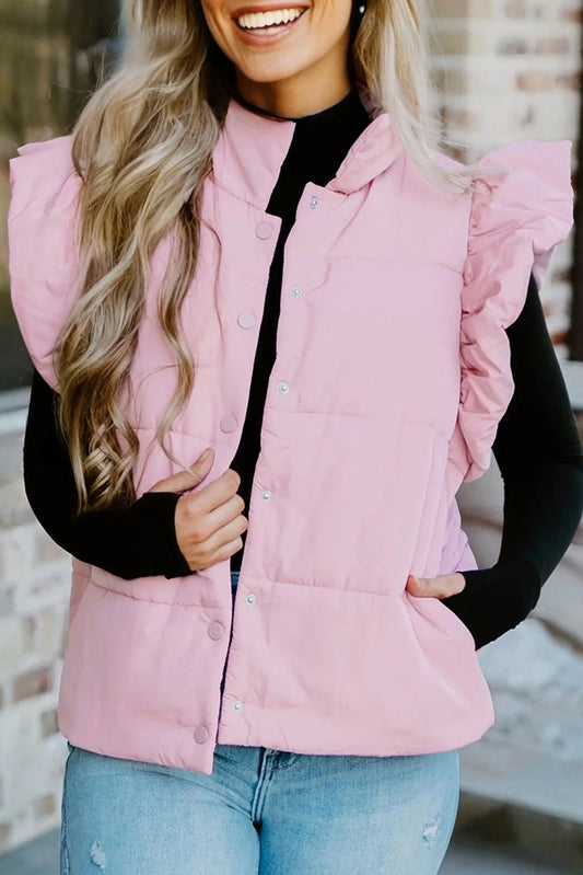 PREORDER: Pink Stand Neck Flutter Sleeve Snap Button Puffer Vest (Ships 21-28 Business Days)