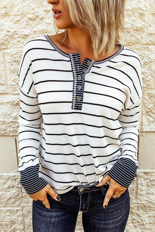 PREORDER: Striped Color Block Buttoned Waffle Knit Shirt (Ships 3-4 Weeks)