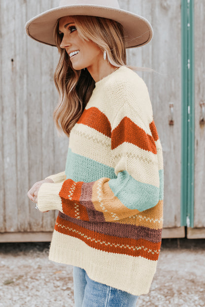 PREORDER: Crew Neck Drop-shoulder Striped Color Block Sweater (Ships 3-4 Weeks)