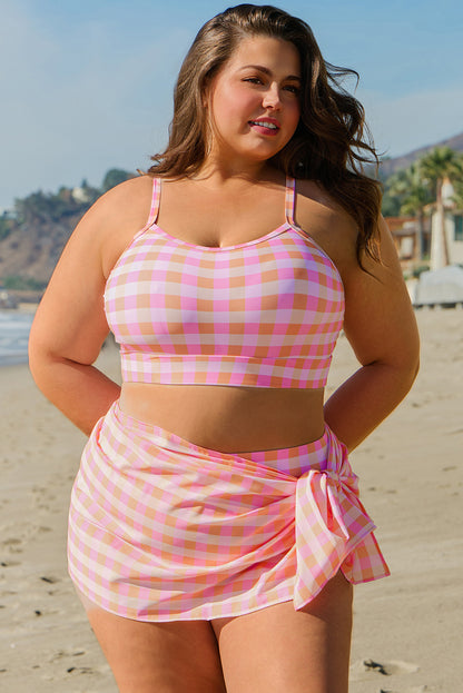 PREORDER: Pink 3pcs Gingham High Waist Bikini & Sarong (Ships 2-5 weeks)