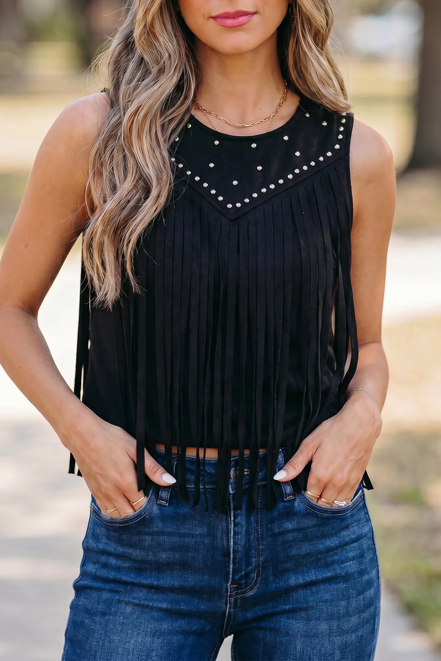 PREORDER: Black Western Fringe Rivet Paneling Bust Sleeveless Top (Ships 21-28 Business Days)