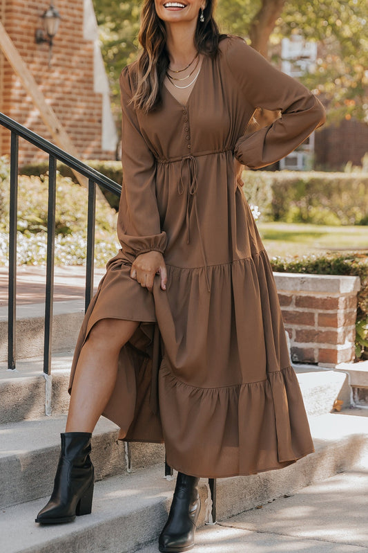 PREORDER: Chestnut Solid Long Sleeve Button V Neck Tiered Maxi Dress (Ships in 3-4 weeks)