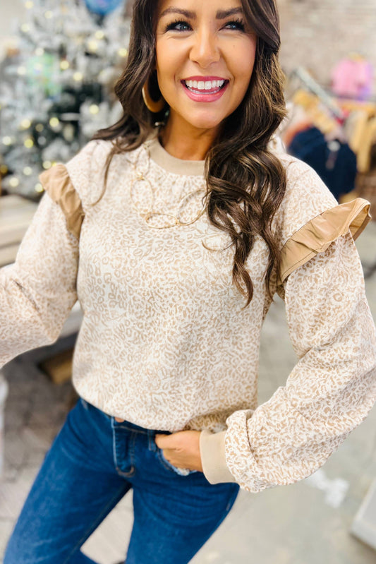 PREORDER: Khaki Leopard Ruffle Detail Sweatshirt (Ships 3-4 Weeks)