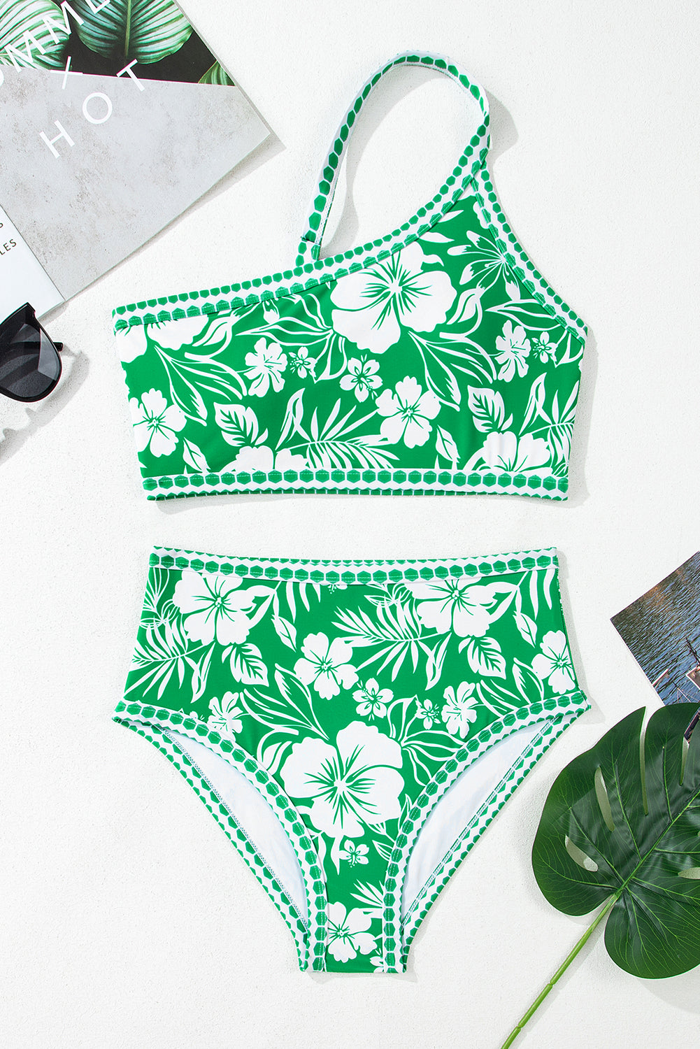 PREORDER: Green Floral Print One Shoulder High Waist Bikini Set (Ships 2-5 weeks)