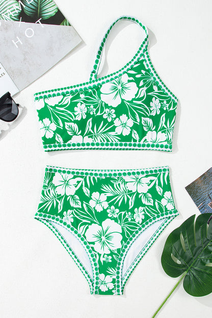 PREORDER: Green Floral Print One Shoulder High Waist Bikini Set (Ships 2-5 weeks)