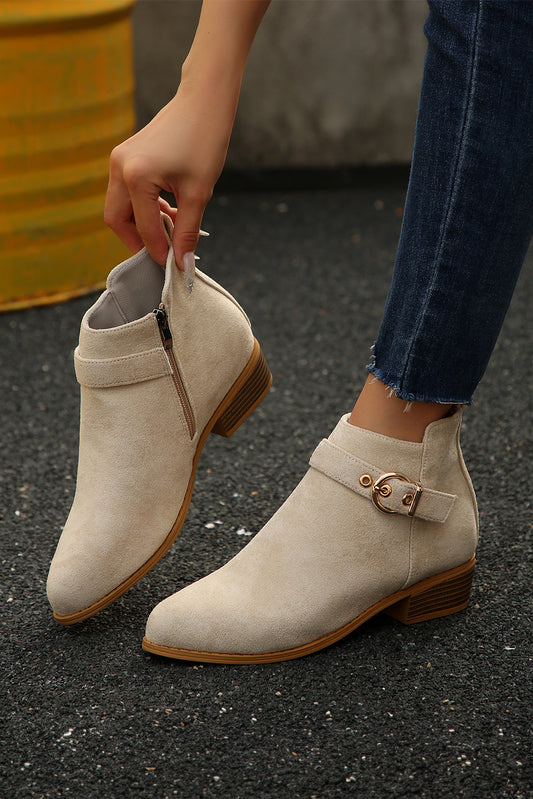 PREORDER: Beige Classic Buckle Strap Chunky Heel Suede Boots (Ships 3-4 Weeks)