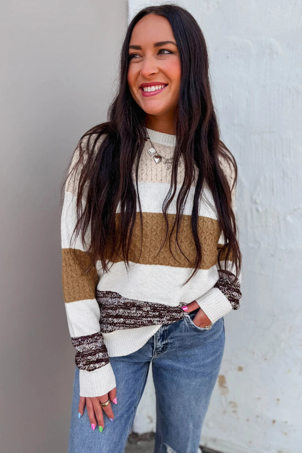 PREORDER: Brown Mixed Texture Knit Striped Color Block Loose Sweater (Ships 21-28 Business Days)