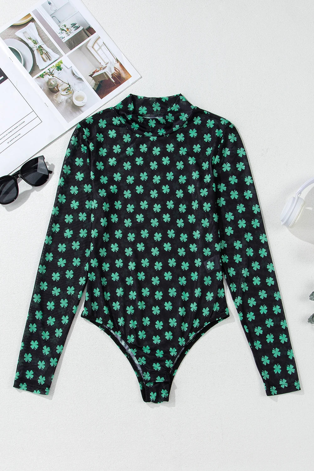 PREORDER: Green St Patrick Shamrock Printed Long Sleeve Mesh Bodysuit (Ships 21-28 Business Days)