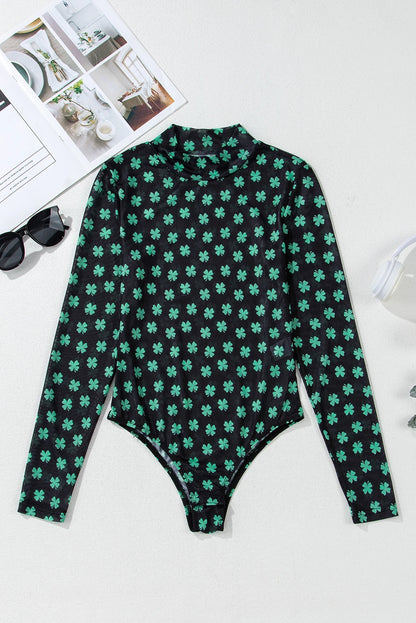 PREORDER: Green St Patrick Shamrock Printed Long Sleeve Mesh Bodysuit (Ships 21-28 Business Days)