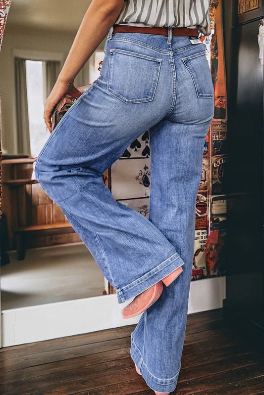 PREORDER: Beau Blue Tailored Center Seam Detail Straight Loose High Rise Jeans (Ships in 21-28 Business Days)