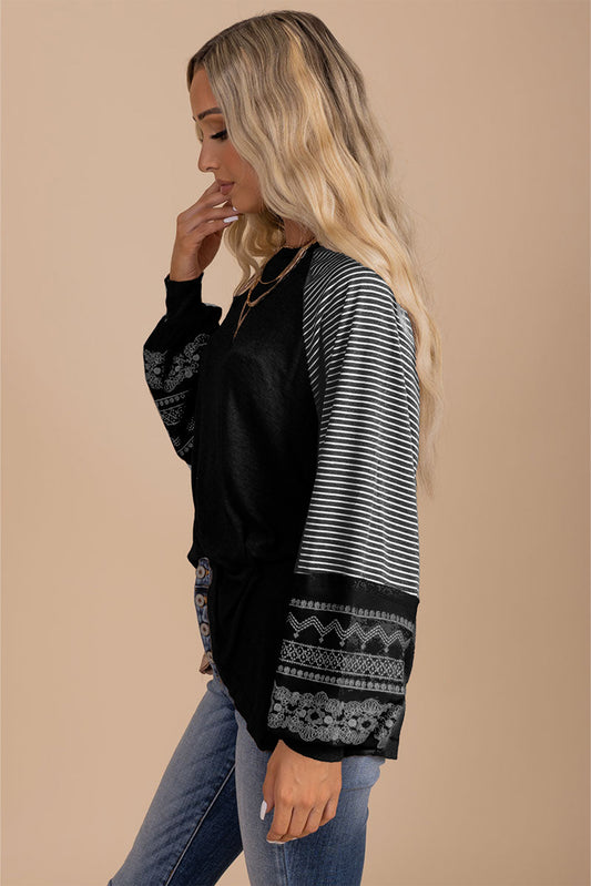 PREORDER: Black Contrast Print Striped Raglan Long Sleeve Loose Top (Ships 3-4 Weeks)